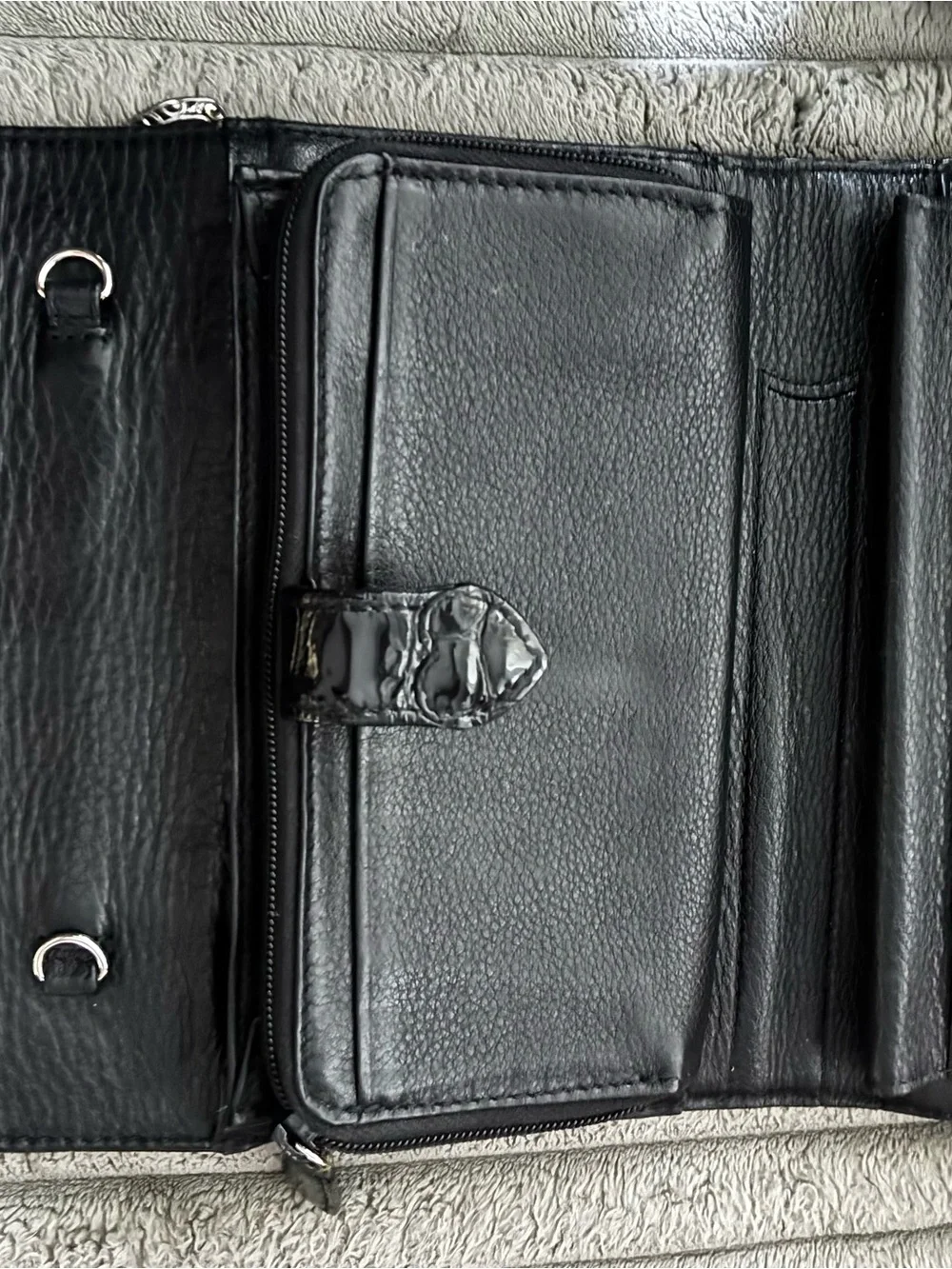 Brighton Black Croc-Embossed Patent Wallet with Silver Filigree Buckle
